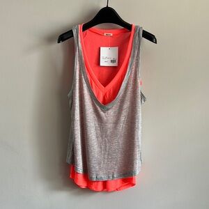 Monrow Layered Double V Gray & Neon Orange Sleeveless Tank Top